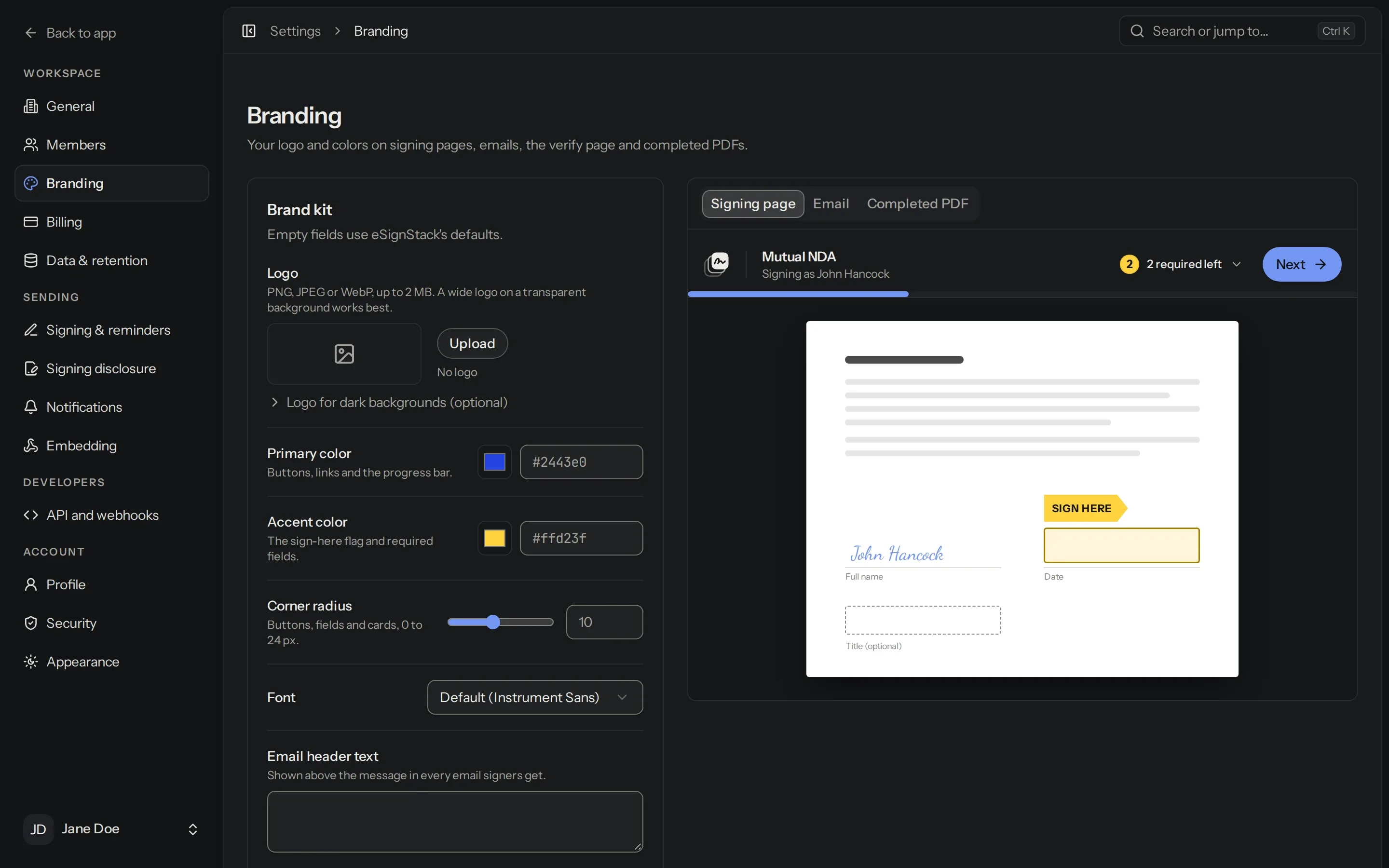 Branding settings: logo, primary and accent colours, corner radius and font, with a live preview of the signing page.