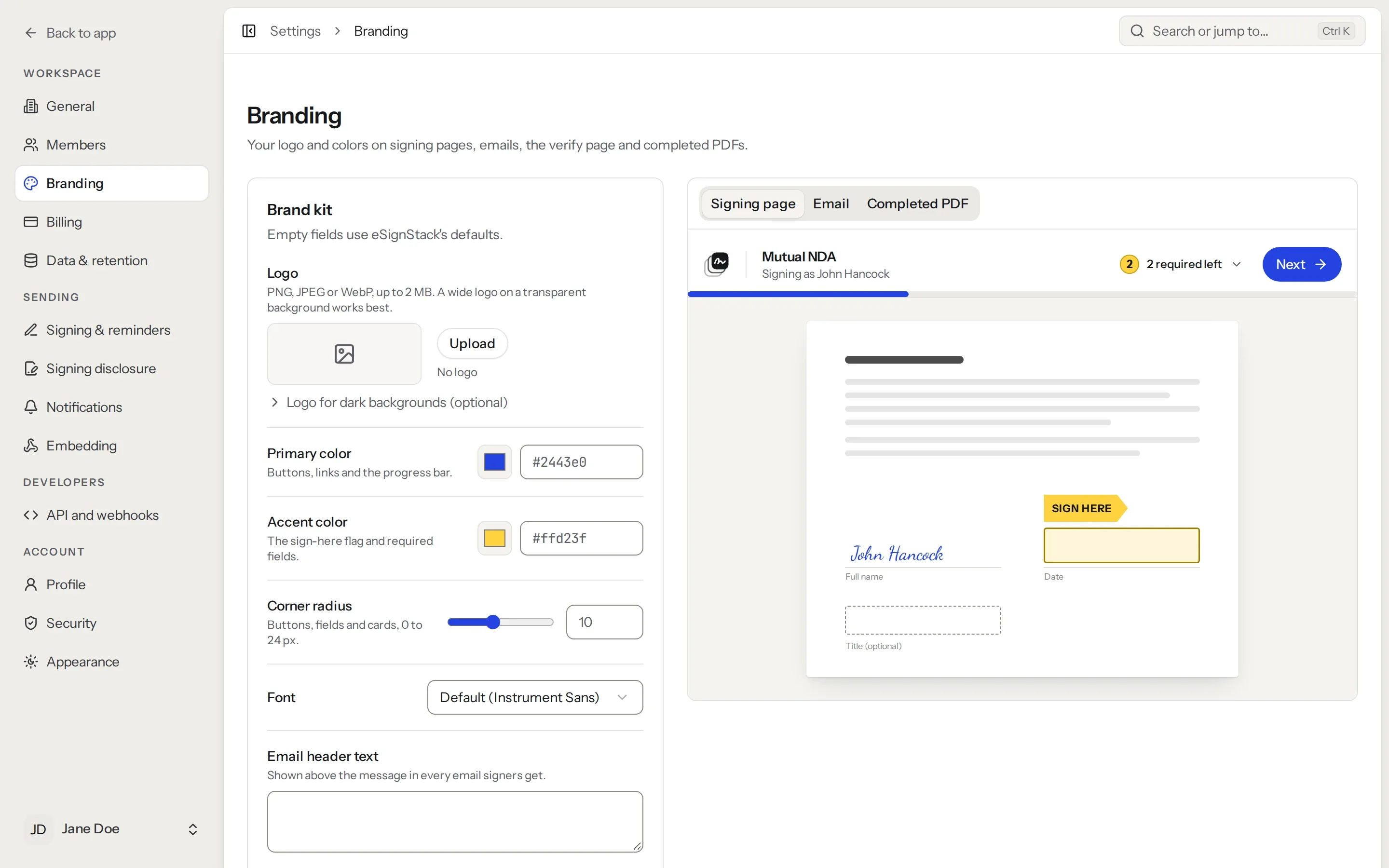 Branding settings: logo, primary and accent colours, corner radius and font, with a live preview of the signing page.