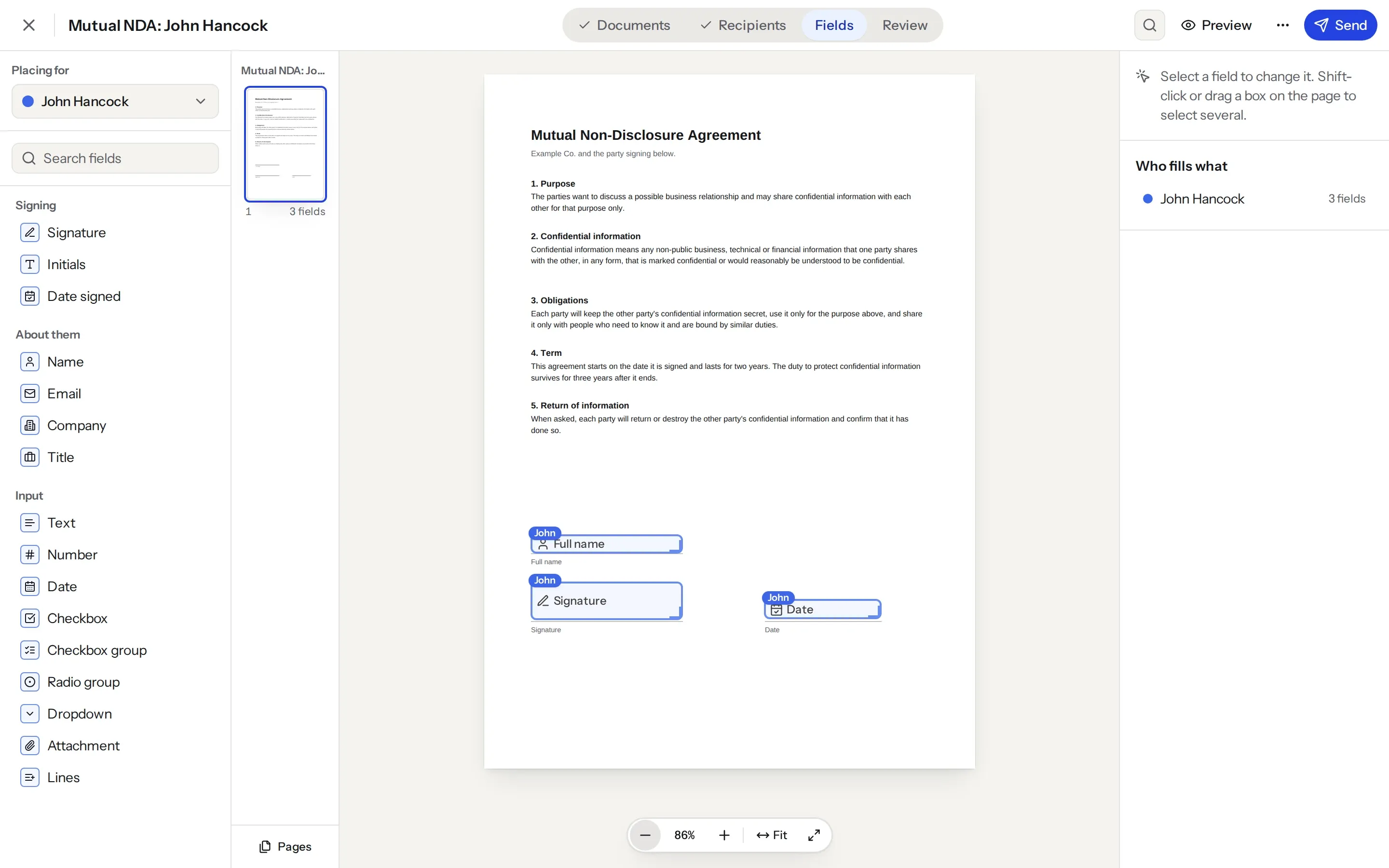 The eSignStack editor with fields placed on an NDA