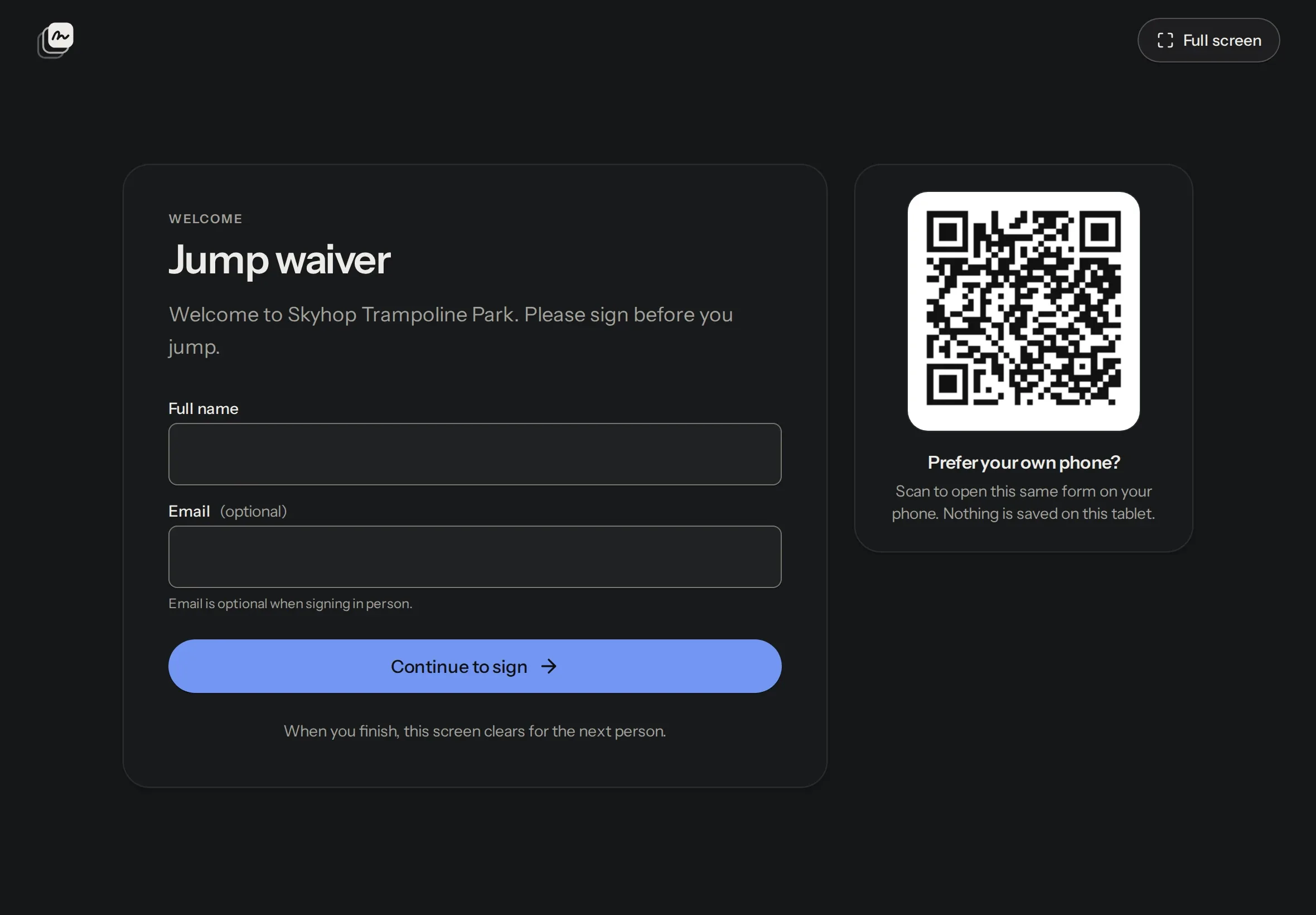 A jump waiver for Skyhop Trampoline Park open as a kiosk on a tablet, with a QR code to sign on your own phone.