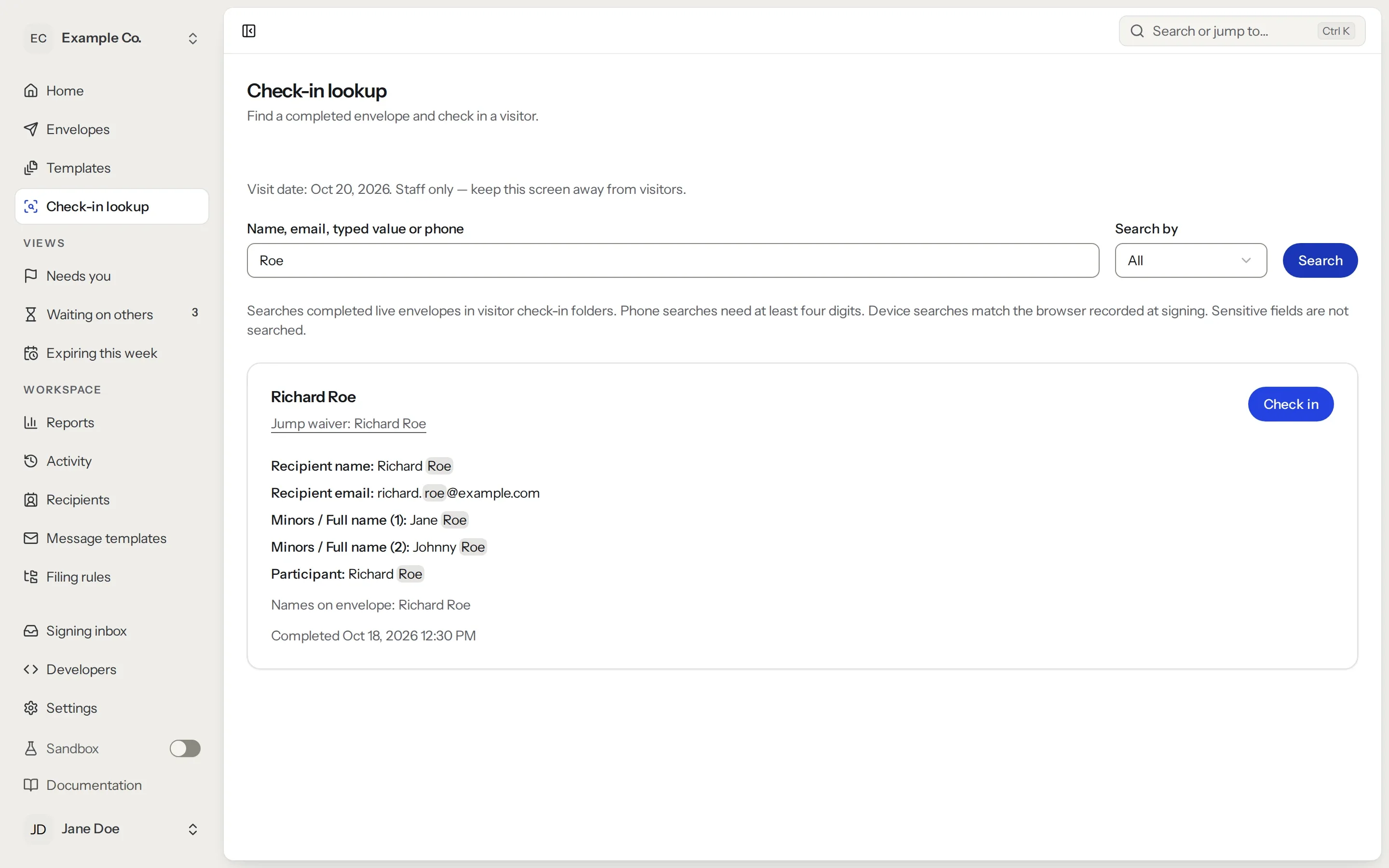 Kiosk lookup: a search finds a signed jump waiver with the parent and both children, and a Check in button.
