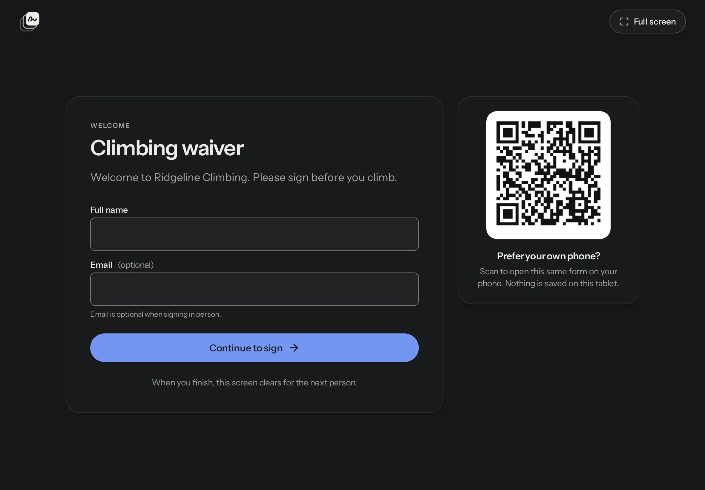 A climbing waiver open as a kiosk on a tablet: a welcome message, name and email fields, and a QR code to sign on your own phone.