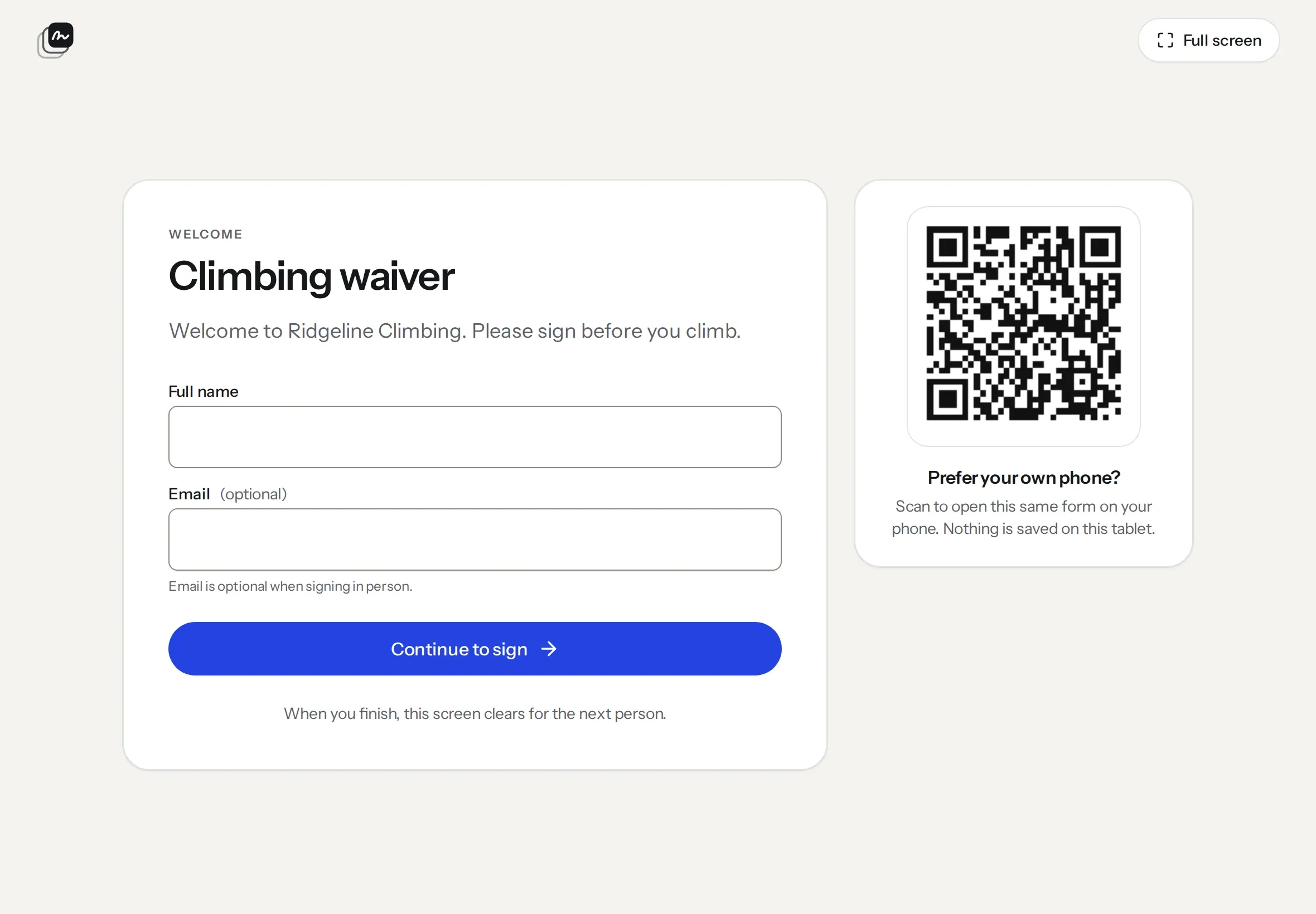 A climbing waiver open as a kiosk on a tablet, with a QR code for signing on a phone
