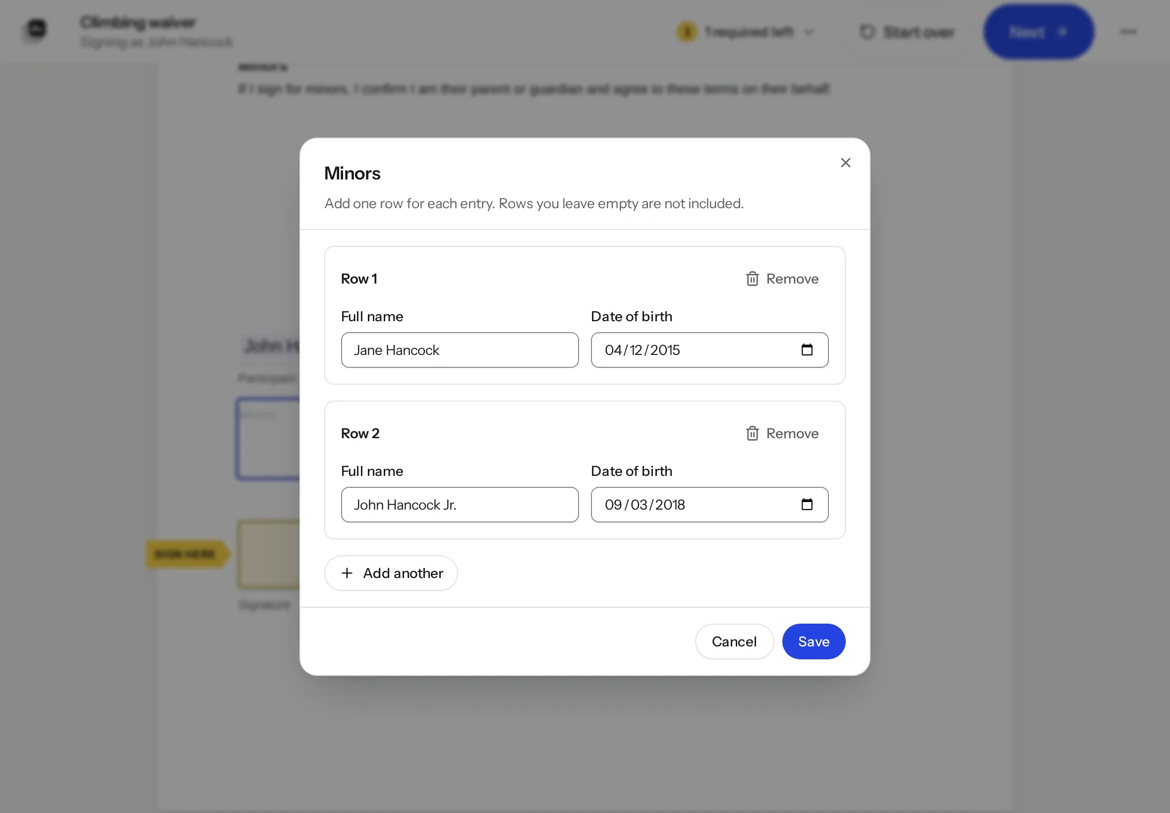 A climbing waiver on a tablet. The Minors dialog lists two children, with Add another.