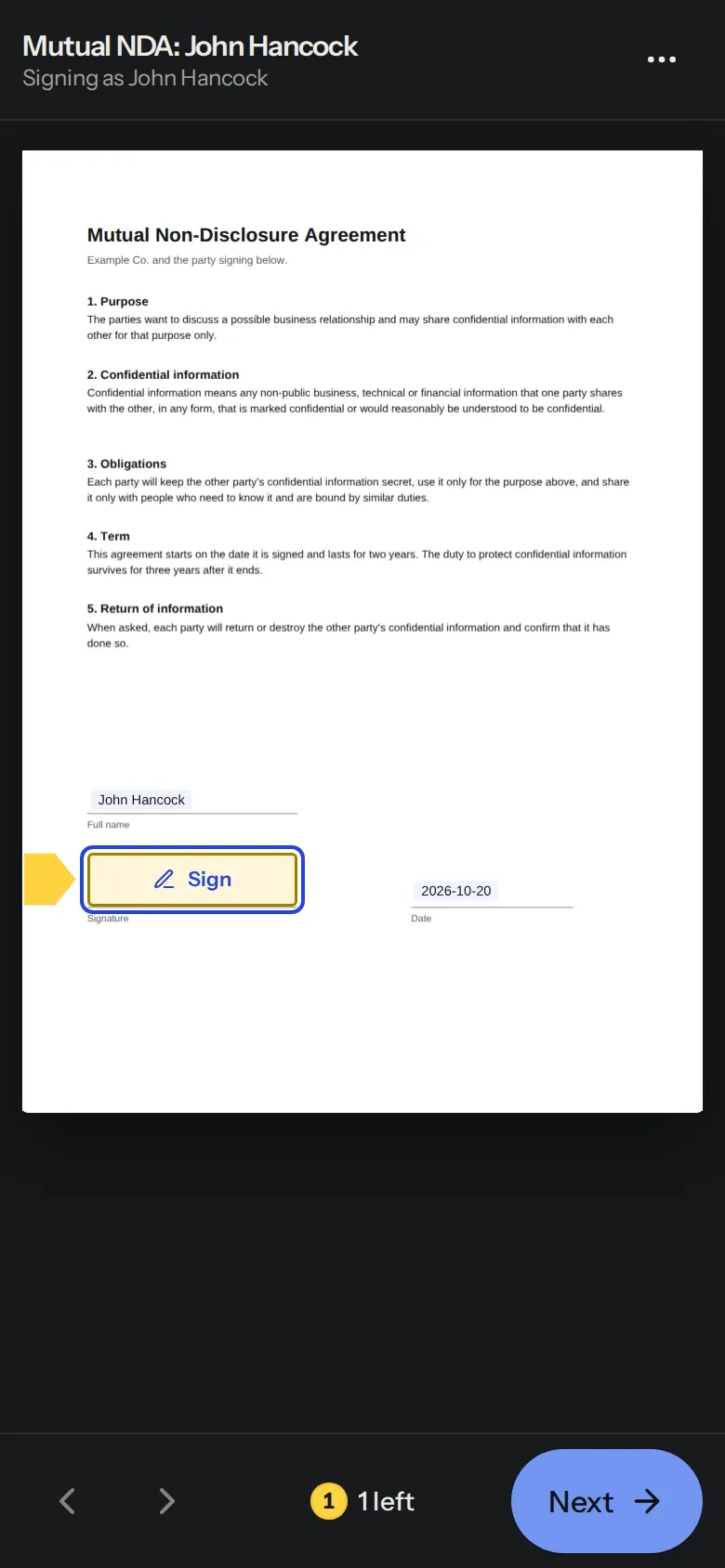 Signing an NDA on a phone. The signature field is marked Sign here.