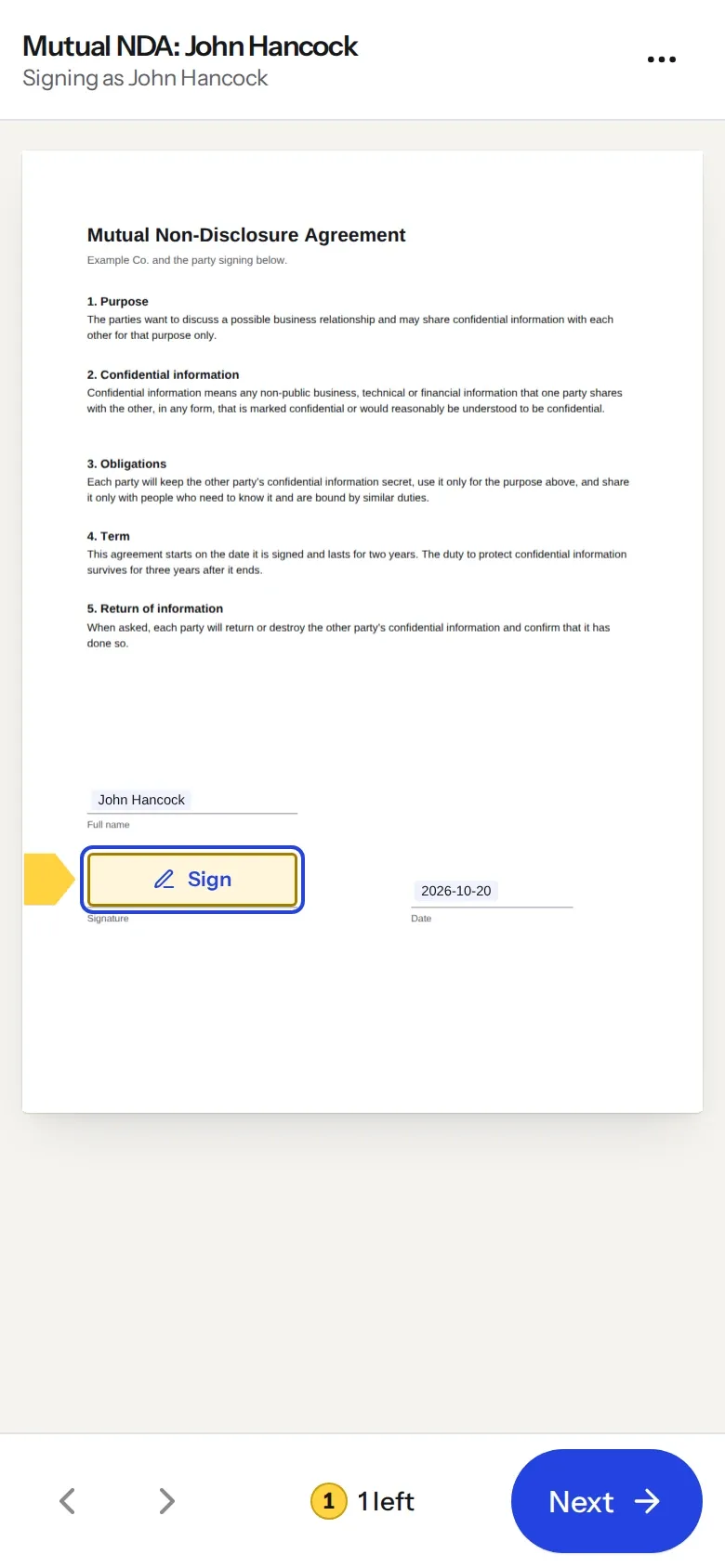 Signing an NDA on a phone. The signature field is marked Sign here.