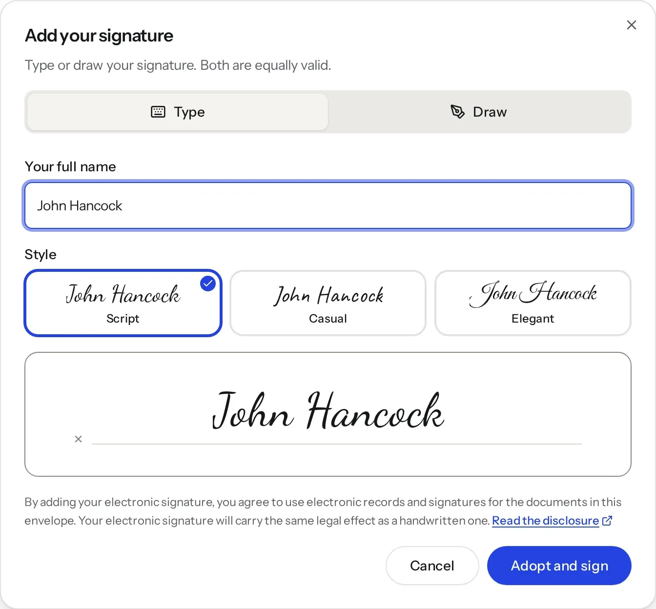 The Add your signature dialog with John Hancock typed in a script style.
