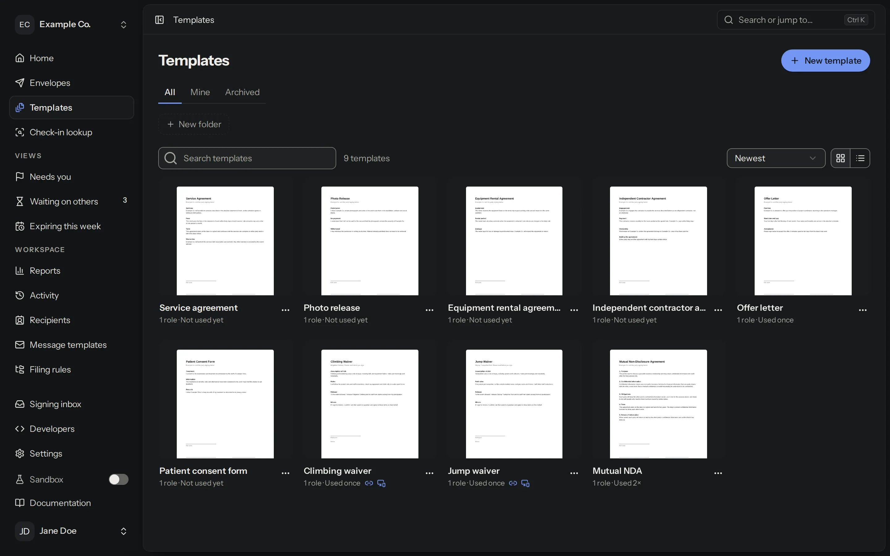 The Templates page in eSignStack, with an NDA, a waiver, an offer letter and other templates.