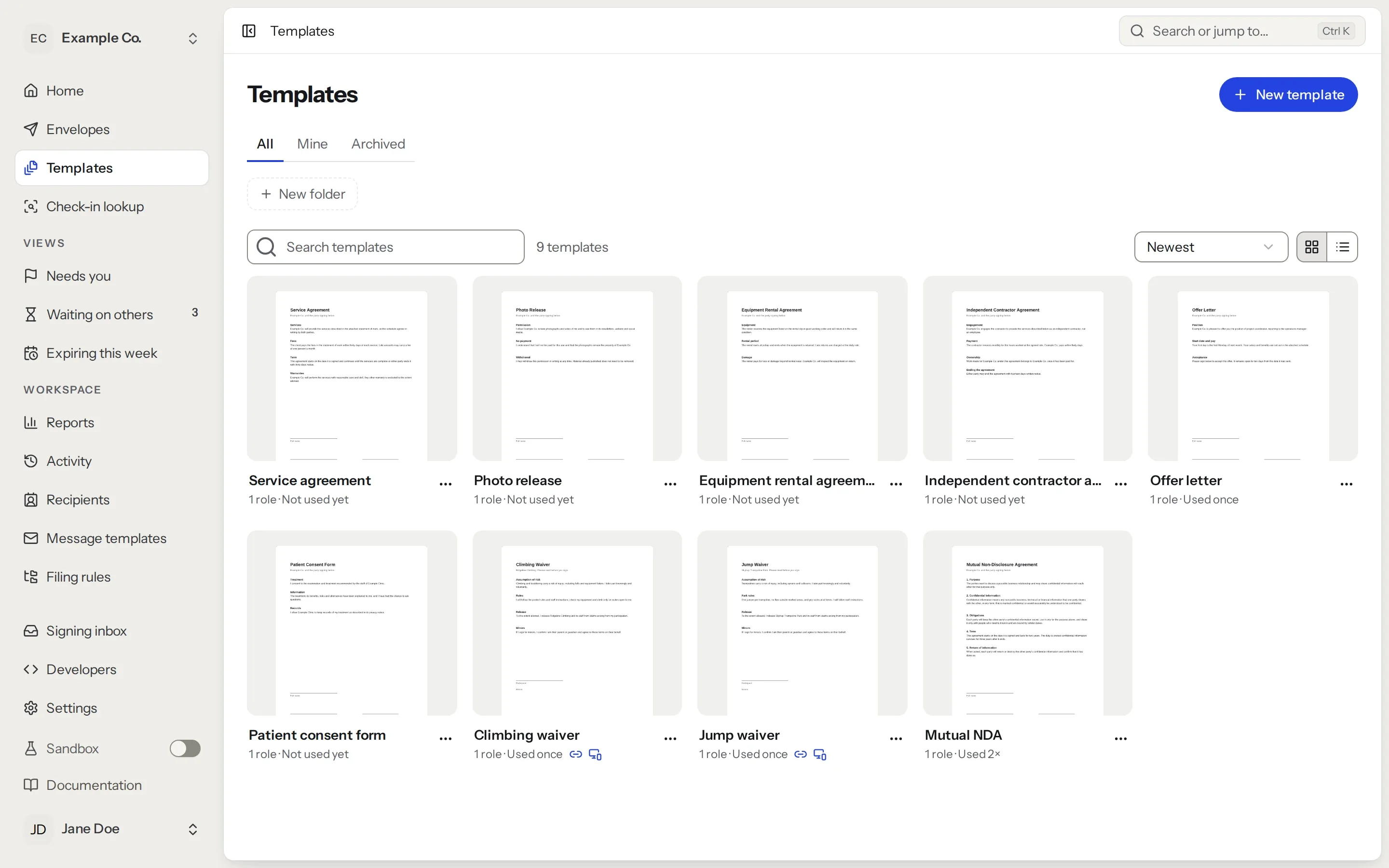 The Templates page in eSignStack, with an NDA, a waiver, an offer letter and other templates.